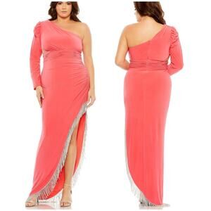 Mac Duggal NWT One Shoulder Long Sleeve Hi Low Dress Side Slit Fringe Size 16W